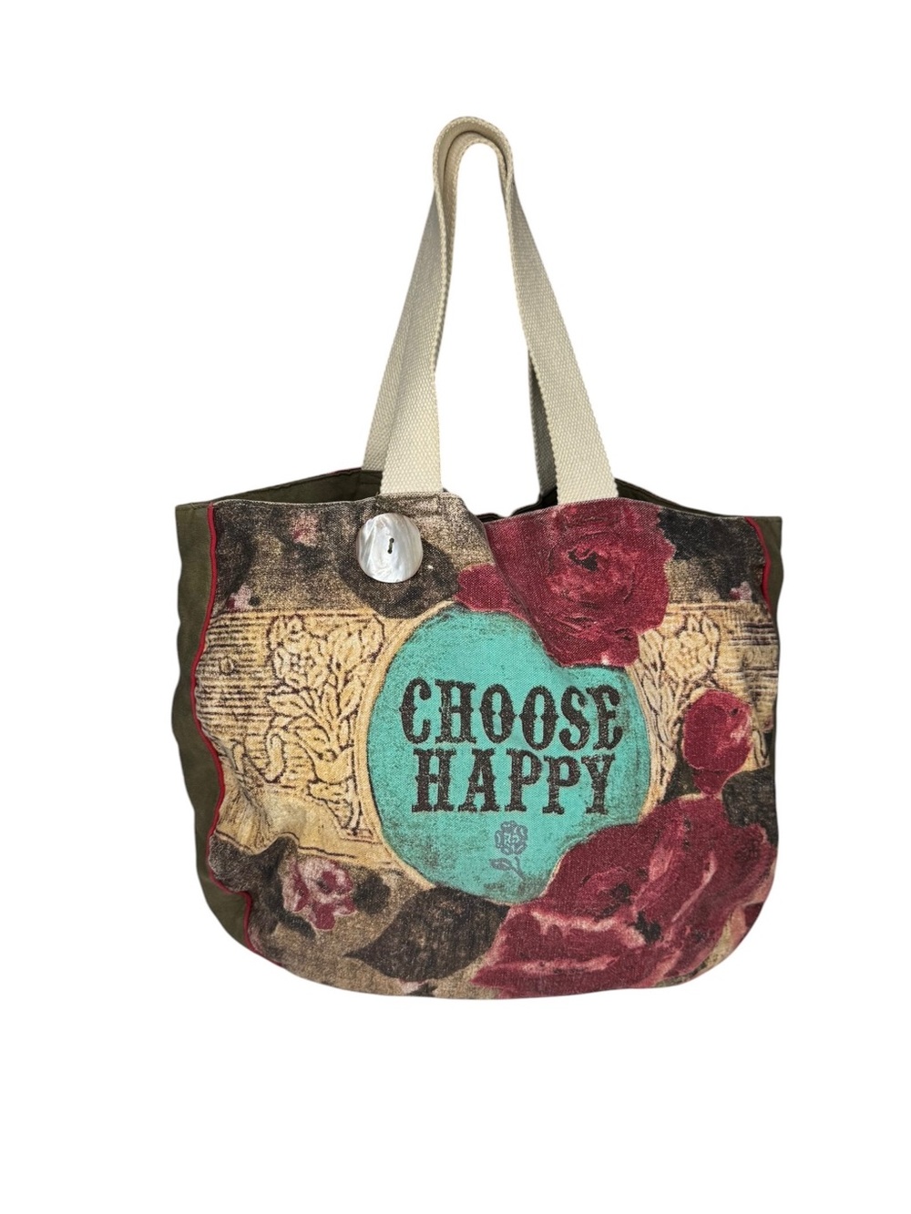 Choose Happy Floral Print Tote Bag - Turquoise Red Green Tan